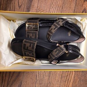 Fendi Black and Brown Sandals with Wide Straps and Adjustable Buckles